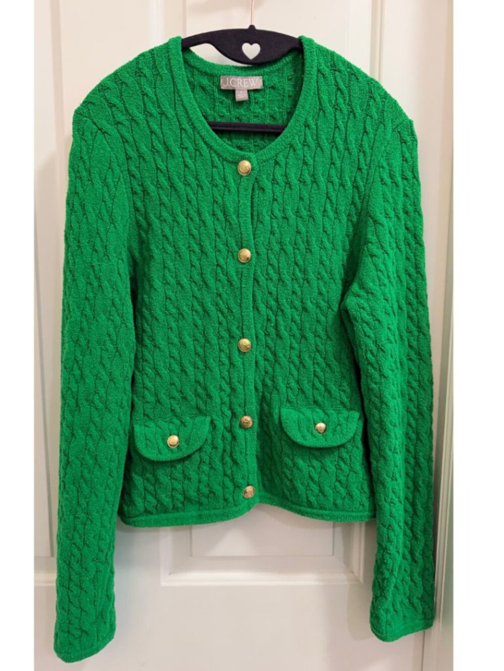 J.Crew Green Bouclé Cable Knit Gold Button Cardigan Medium